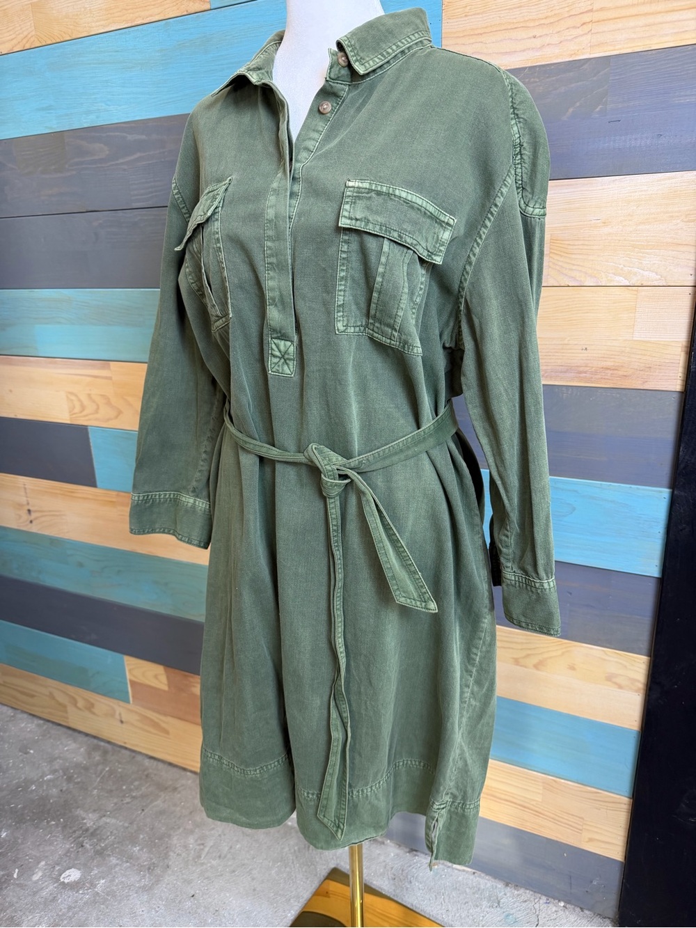Tommy Bahama Sunray Cove Long Sleeve Tie Waist Cotton Mini Dress Tea Leaf Green